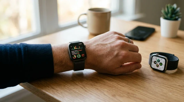 Sleek smartwatch on wrist beside another on desk, warm morning light, contemplative mood