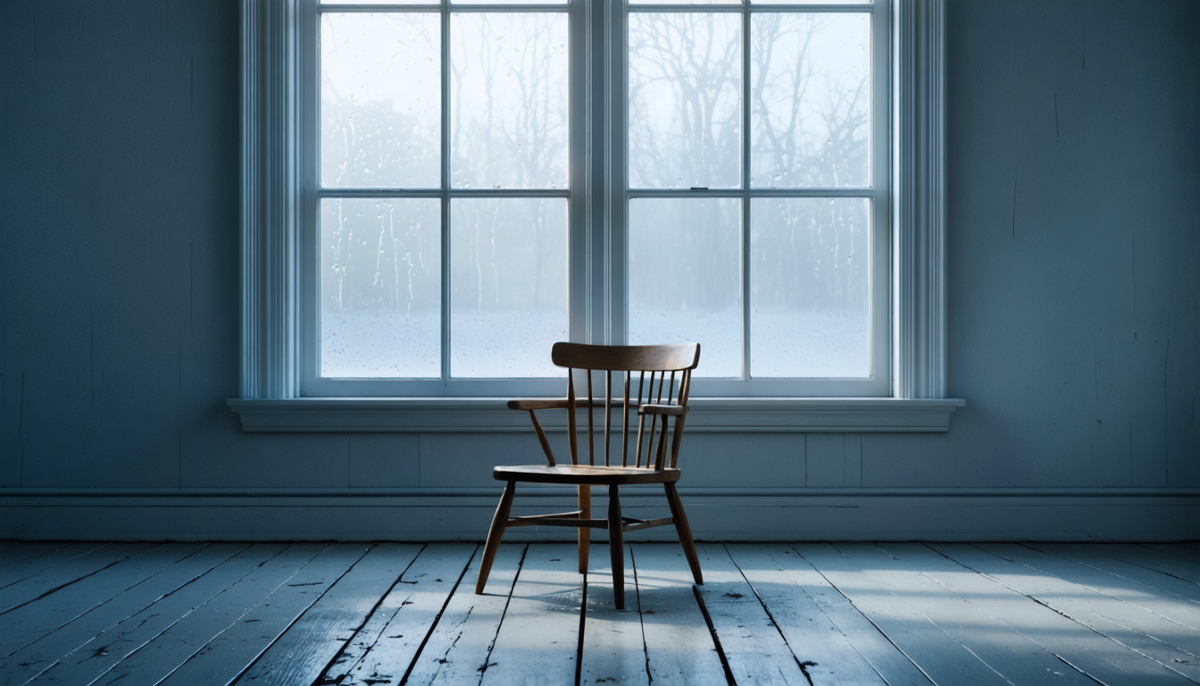 An empty chair facing a window in a dim room, early morning light entering through condensation-covered glass.