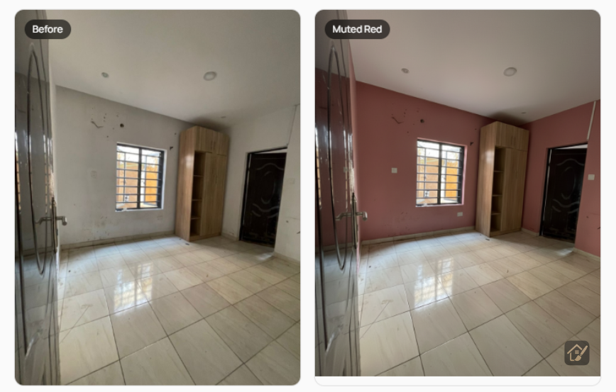 white to muted red wall color before and after interior paint visualizer