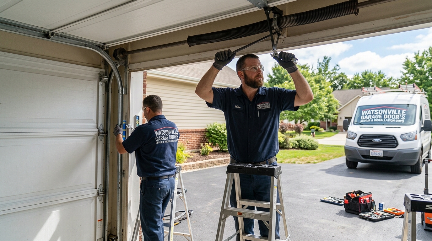 Garage door repair technician working on a residential garage door in Watsonville, CA