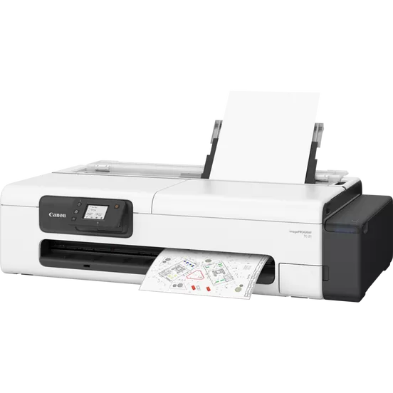 Canon imagePROGRAF TC-21 printer shown in a side-angle view, highlighting its compact and modern design