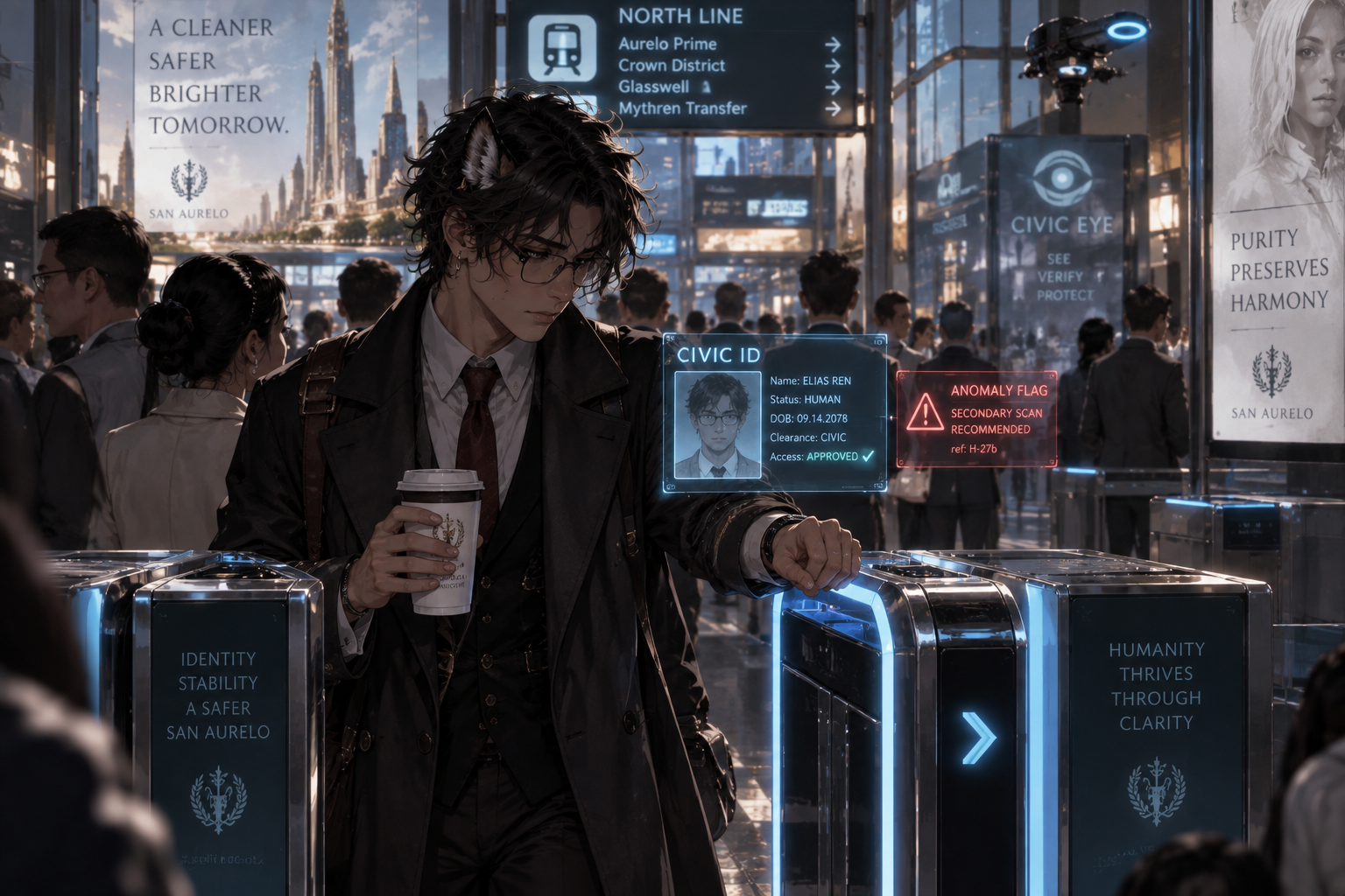 Human-passing hybrid approaching a San Aurelan biometric transit gate