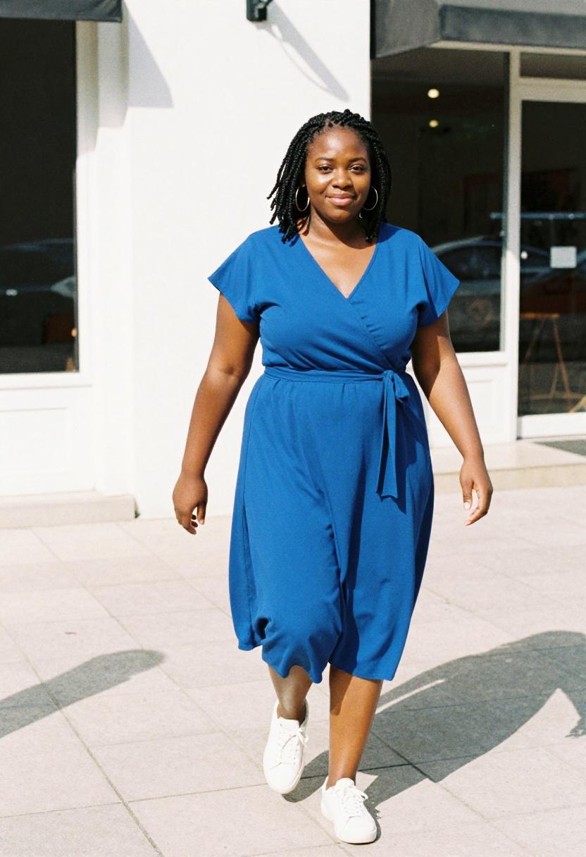 Plus size woman in cobalt blue wrap dress with flutter sleeves and white sneakers