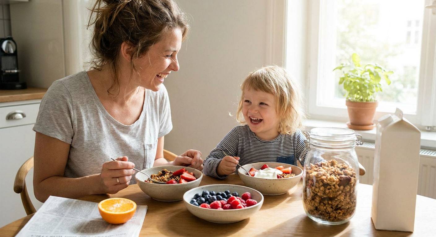 Rodzic i dziecko jedzacy zdrowe sniadanie z granola.