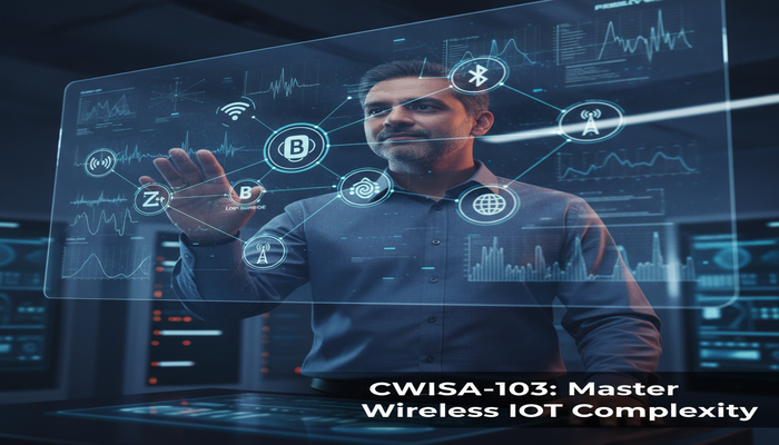 CWISA-103: Master Wireless IoT Complexity A focused CWISA wireless IoT administrator interacting with a vibrant holographic display showing an interconnected network of diverse IoT wireless protocols and RF data. The professional's expression is one of confident expertise, demonstrating mastery over complex IoT solutions. The image title 'CWISA-103: Master Wireless IoT Complexity' is clearly visible.