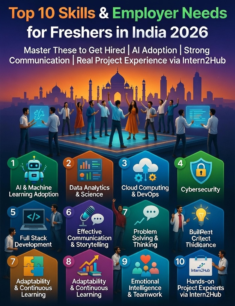 Top 10 skills and employer needs for hiring freshers in India 2026 including AI adoption, communication, and project experience via Intern2Hub