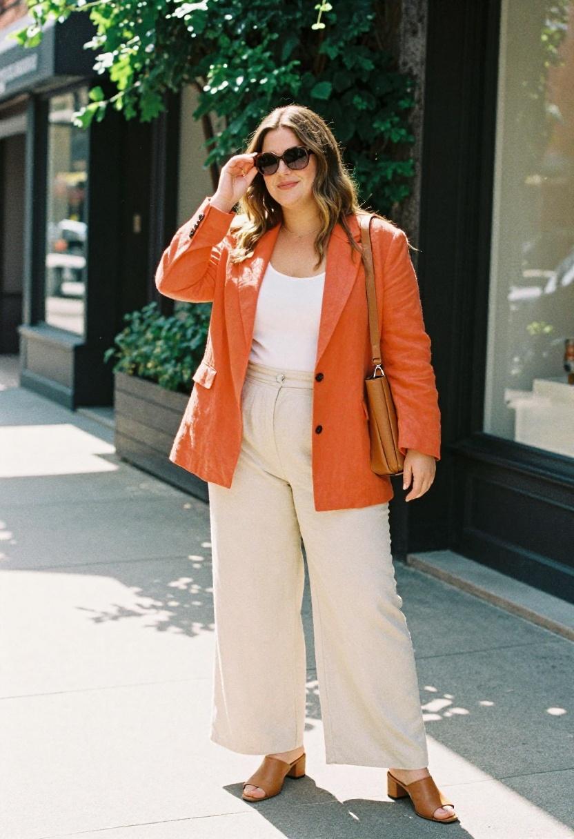 Tangerine linen blazer over wide-leg cream trousers for polished plus-size street style