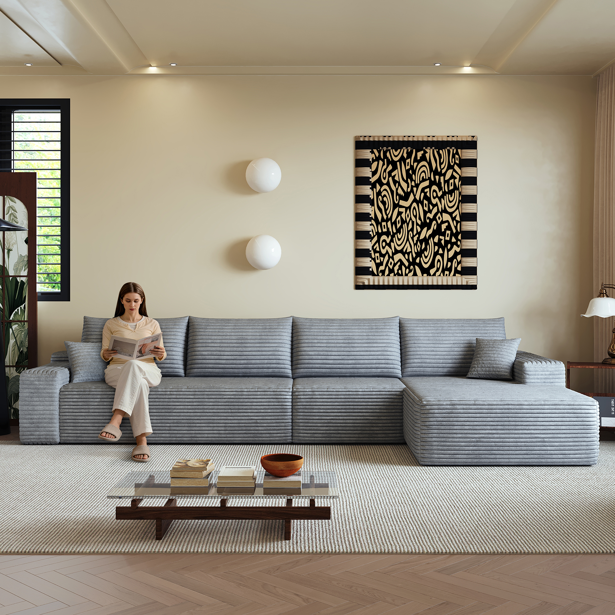 Canapé d'angle modulable gris dans le salon