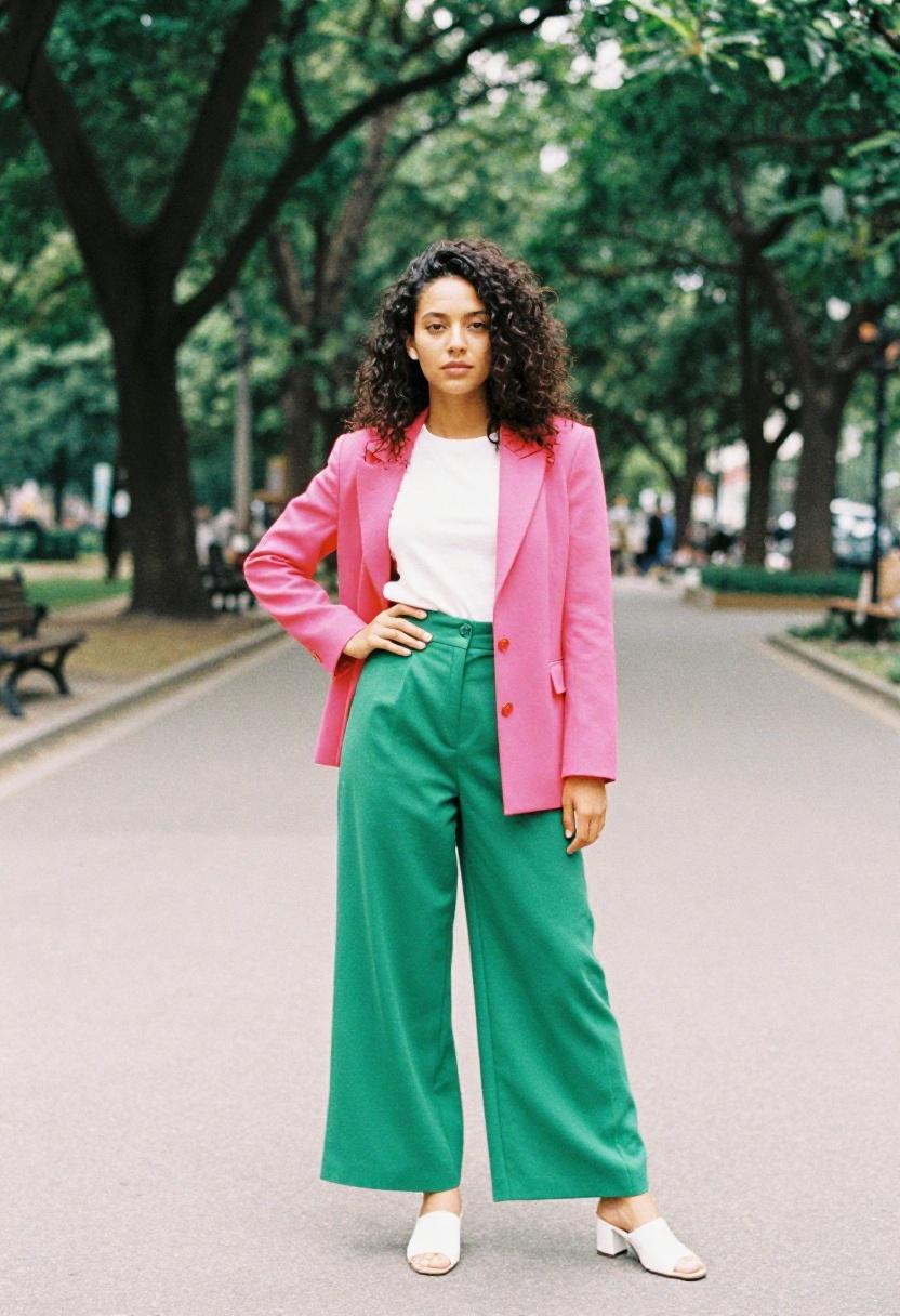 Fuchsia and emerald colorblock set in park with confidence