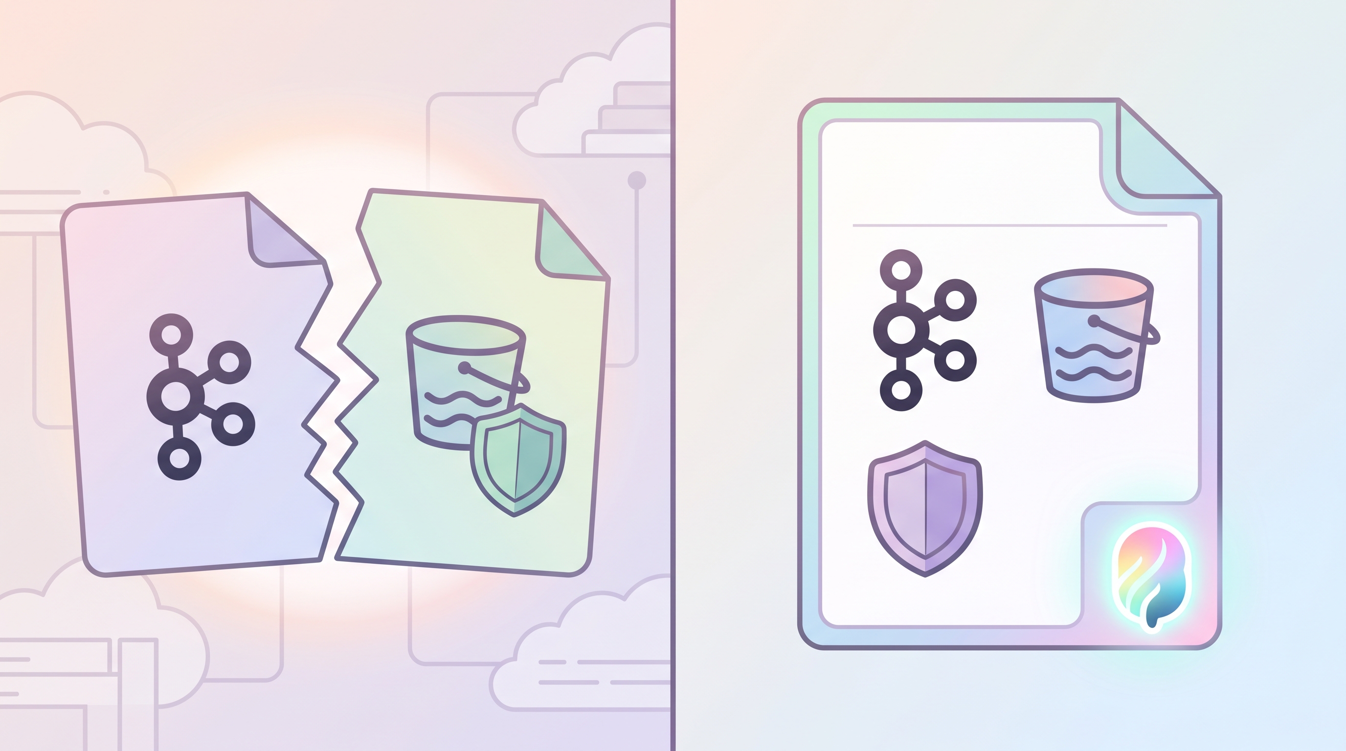 Split illustration — left side shows two separate manifests with a jagged crack between them (one with a Kafka icon, ...