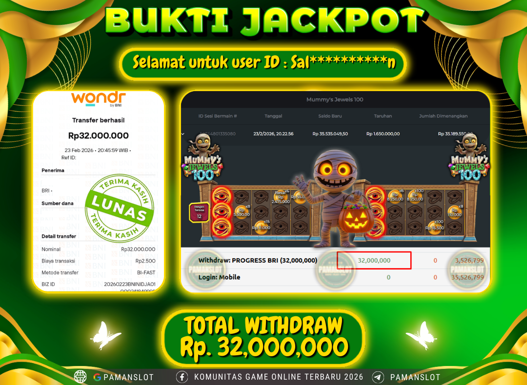 PAMANSLOT JACKPOT Game PP - Mummy s Jewels 100 Rp.32,000,000- LUNAS