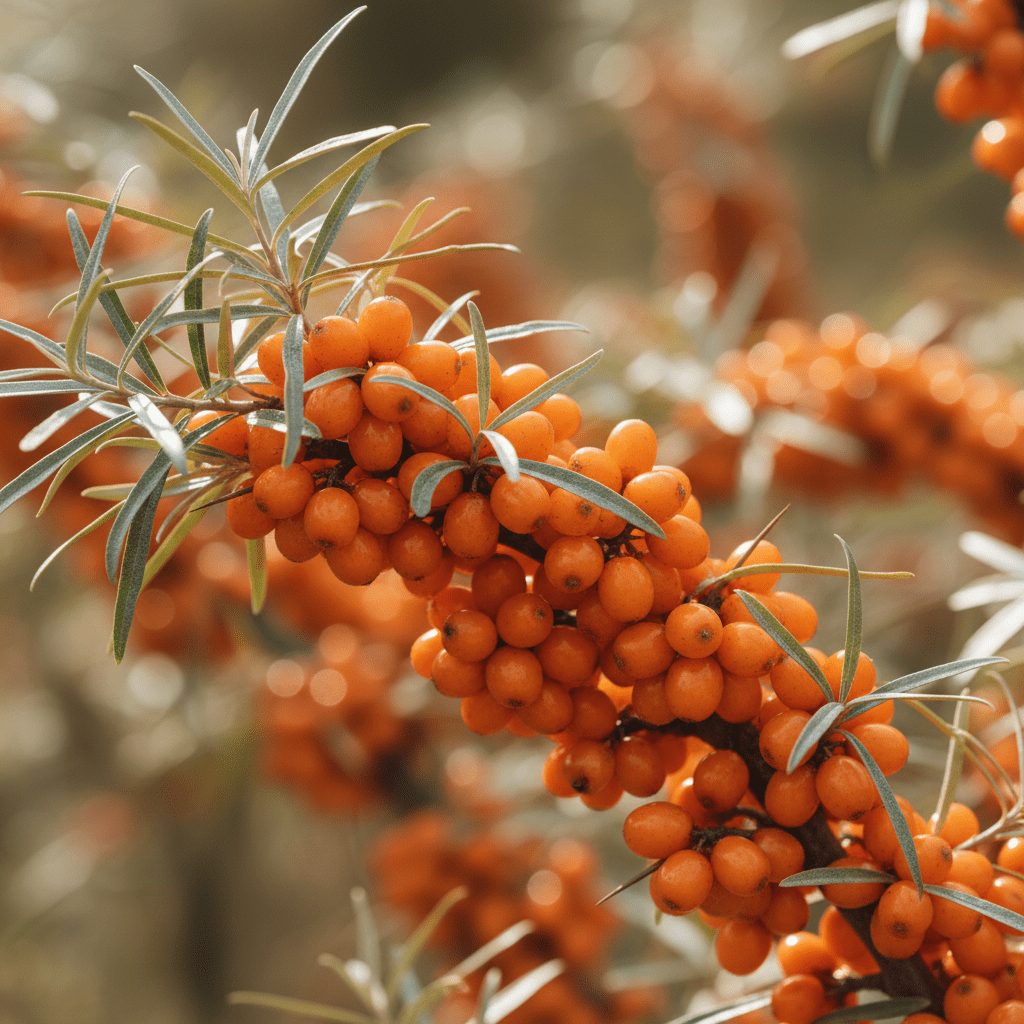 Close-up of vibrant sea buckthorn berries and leaves on a branch