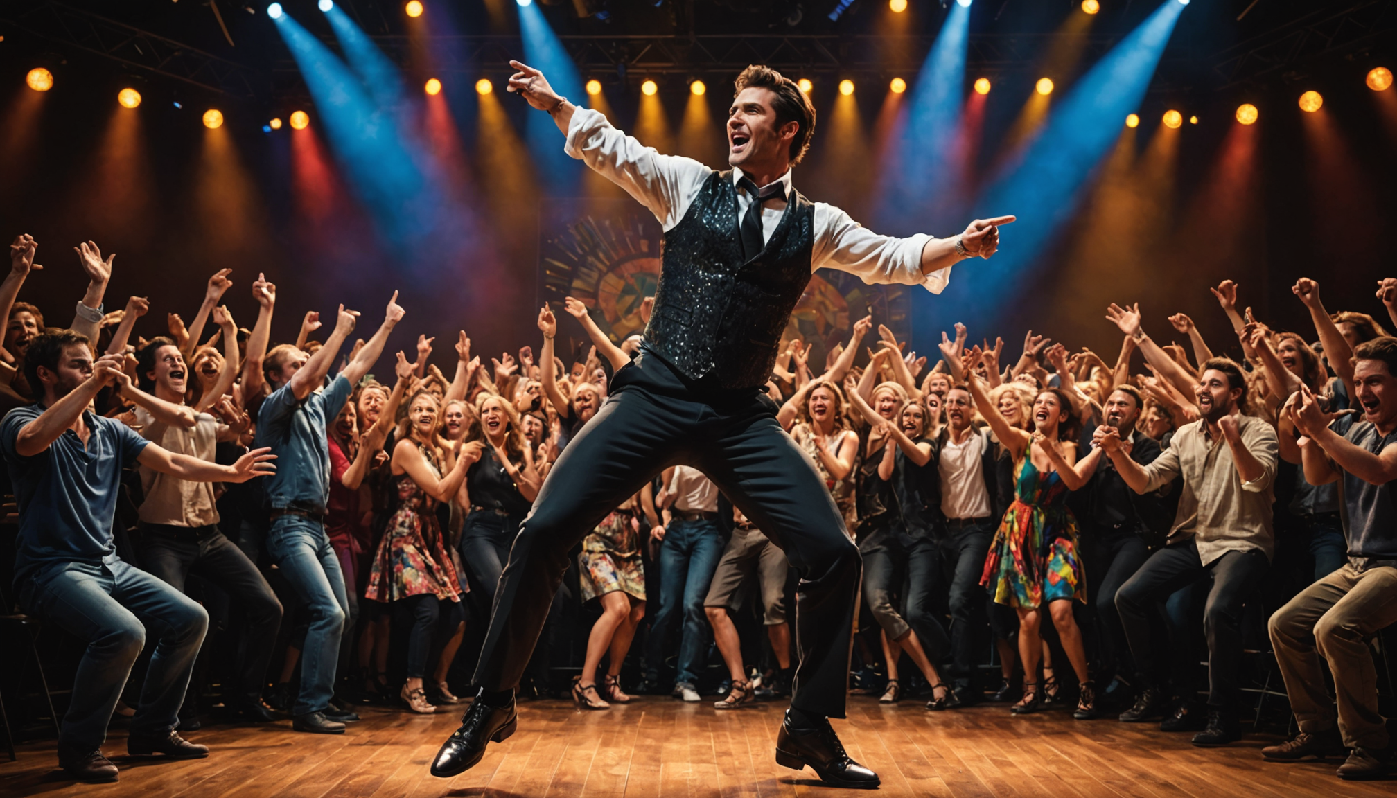 Charismatic performer in vibrant live concert atmosphere