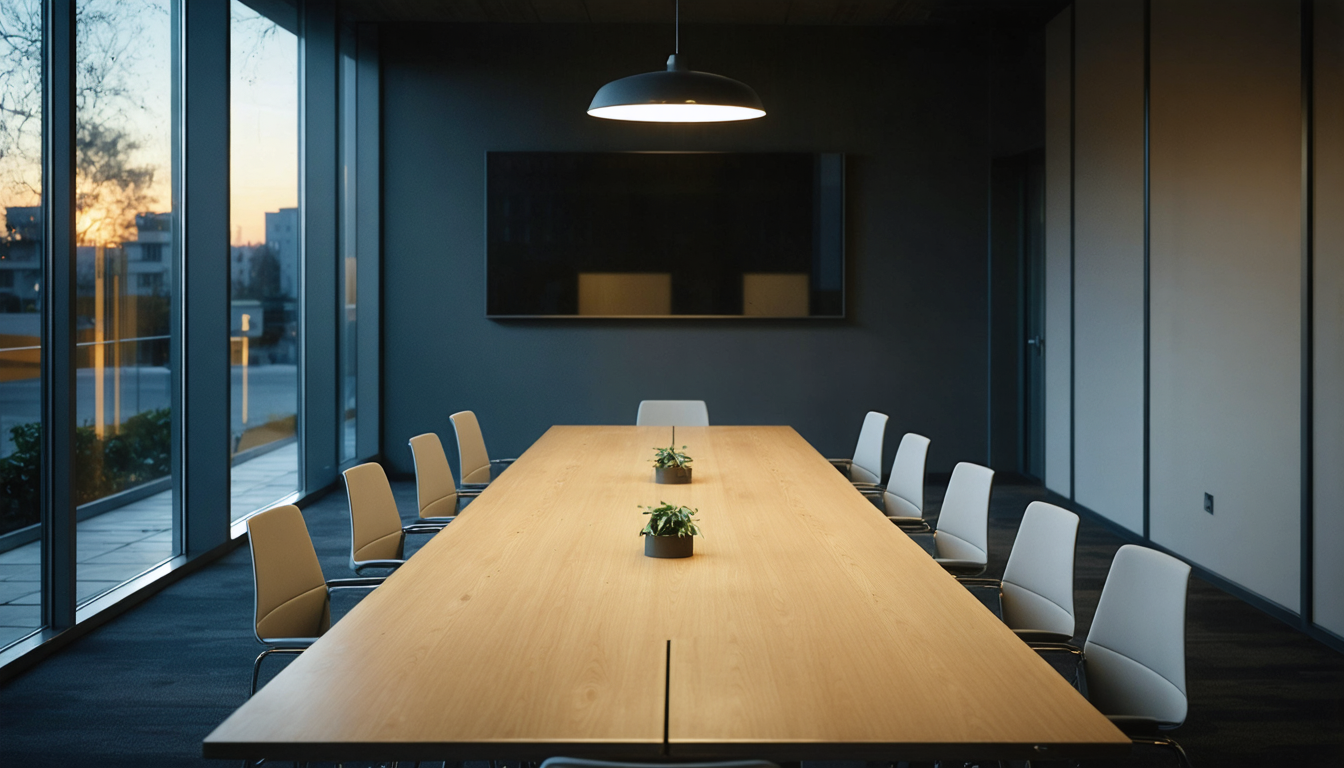 An empty conference room at night, chairs slightly askew, low warm light from the street through tall windows, dust visible in the air.