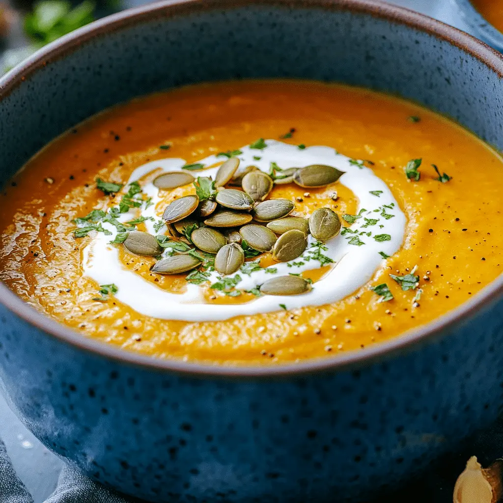 Bowl of luscious creamy pumpkin soup served with herbs and bread, a cozy autumn dinner idea.