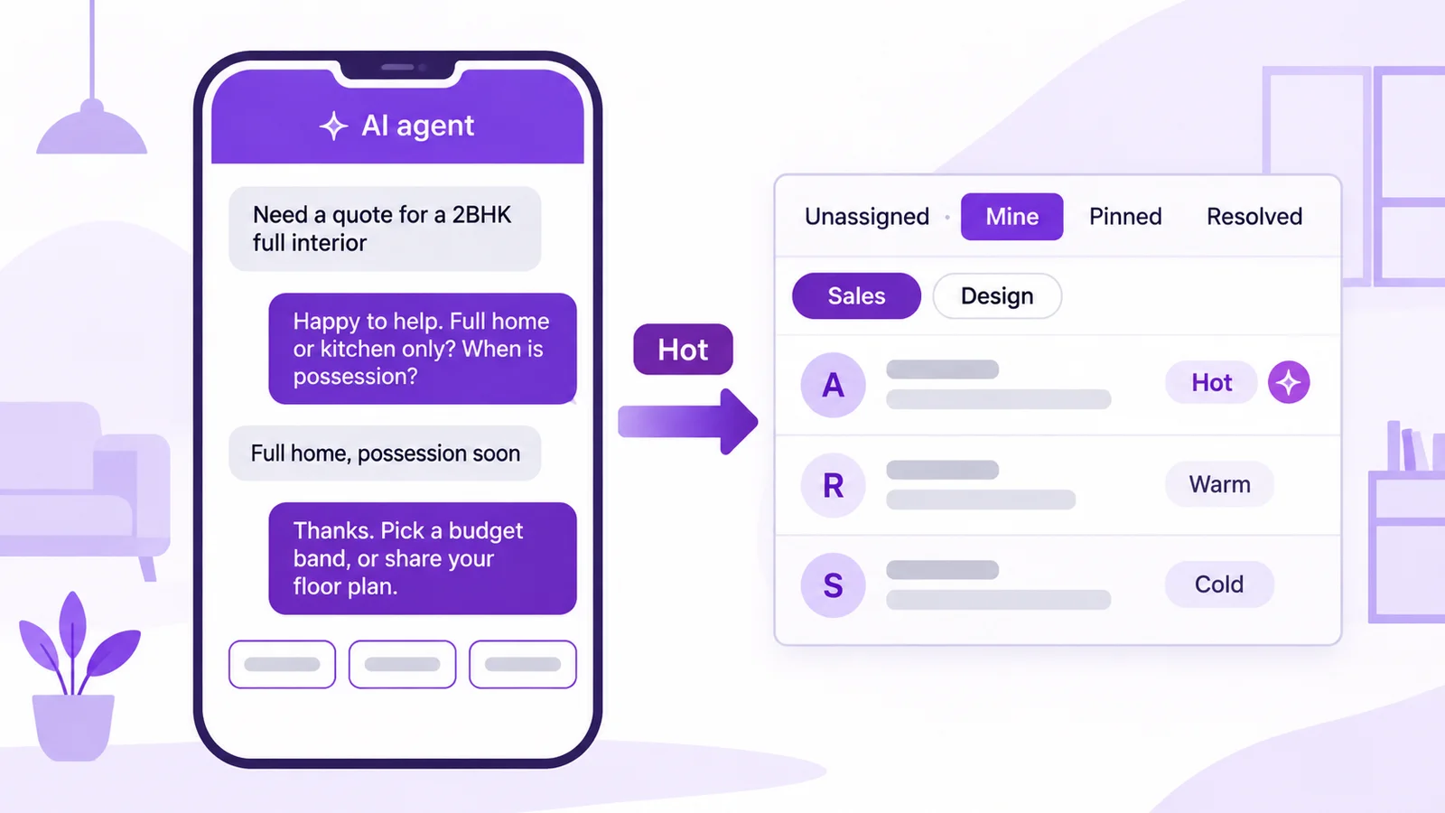 Interior design AI agent on WhatsApp asking scope, possession date and budget band, tagging the lead hot and handing it to the sales team in the shared inbox