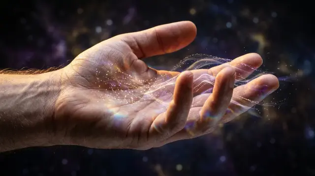 Open human hand with luminous particles streaming through translucent fingers, ethereal cosmic mood