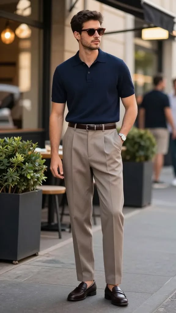 Navy polo, pleated trousers and brown loafers