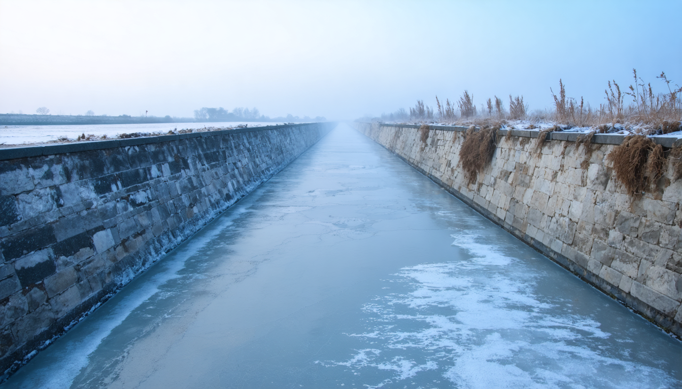 A frozen canal stretching toward a vanishing point, holding the memory of motion in its stillness.
