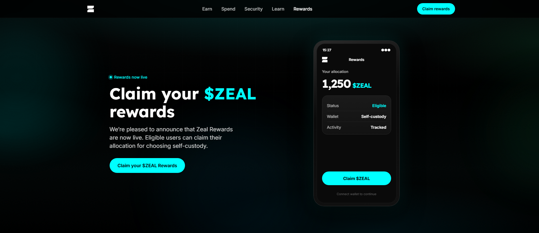 Forensic screenshot of earn-zeal.app showing the phishing page layout