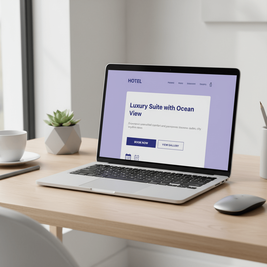 Close-up of hotel website title tags and meta descriptions on laptop