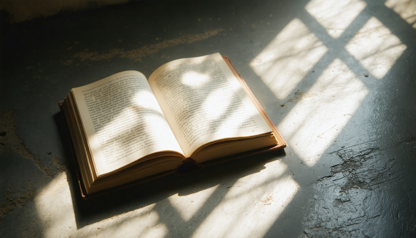 A book left face-down on concrete, bathed in light it cannot read.