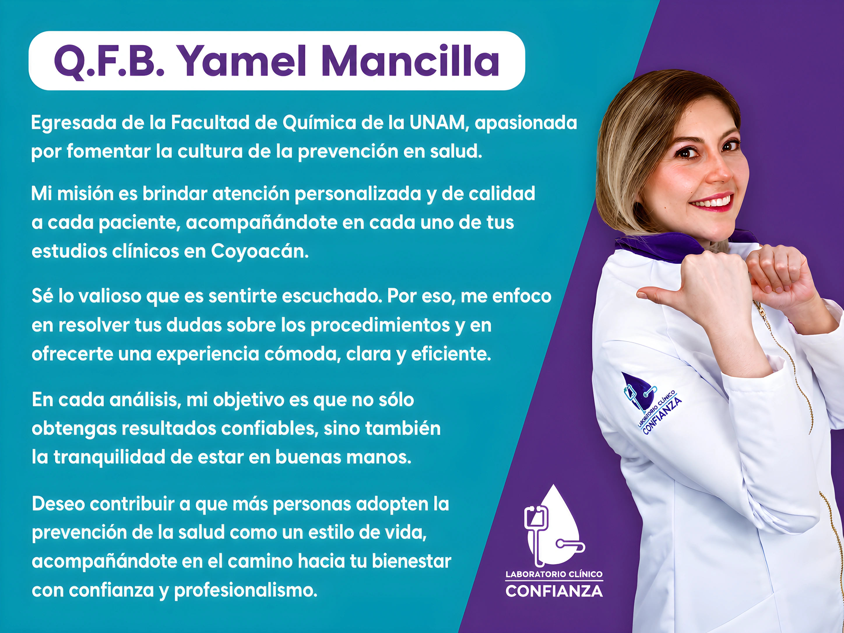 Q.F.B. Yamel Mancilla — Responsable sanitaria egresada de la Facultad de Química de la UNAM