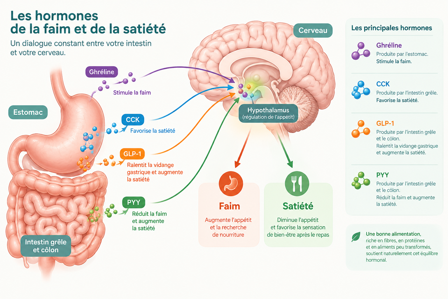 Schéma illustrant les hormones de la faim et de la satiété, avec des flèches indiquant leurs effets sur l'appétit et le cerveau