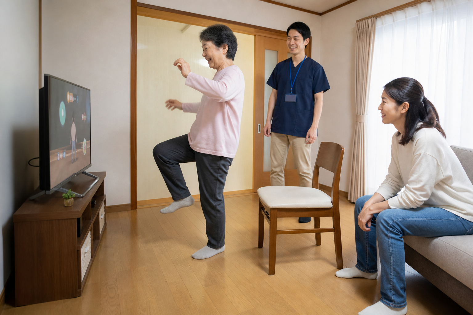 変形性膝関節症の方が自宅で見守りのもとVR運動を行う場面