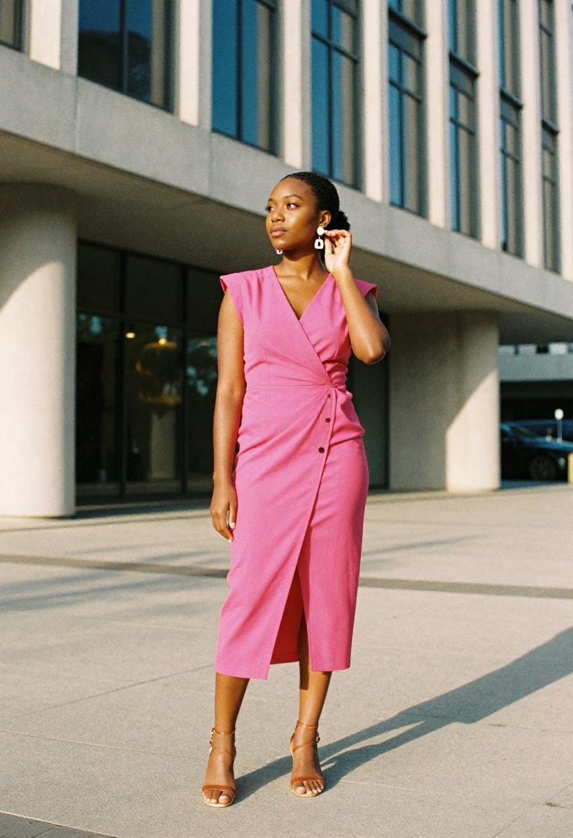 Fuchsia wrap midi dress against a modern urban backdrop for a romantic promposal moment