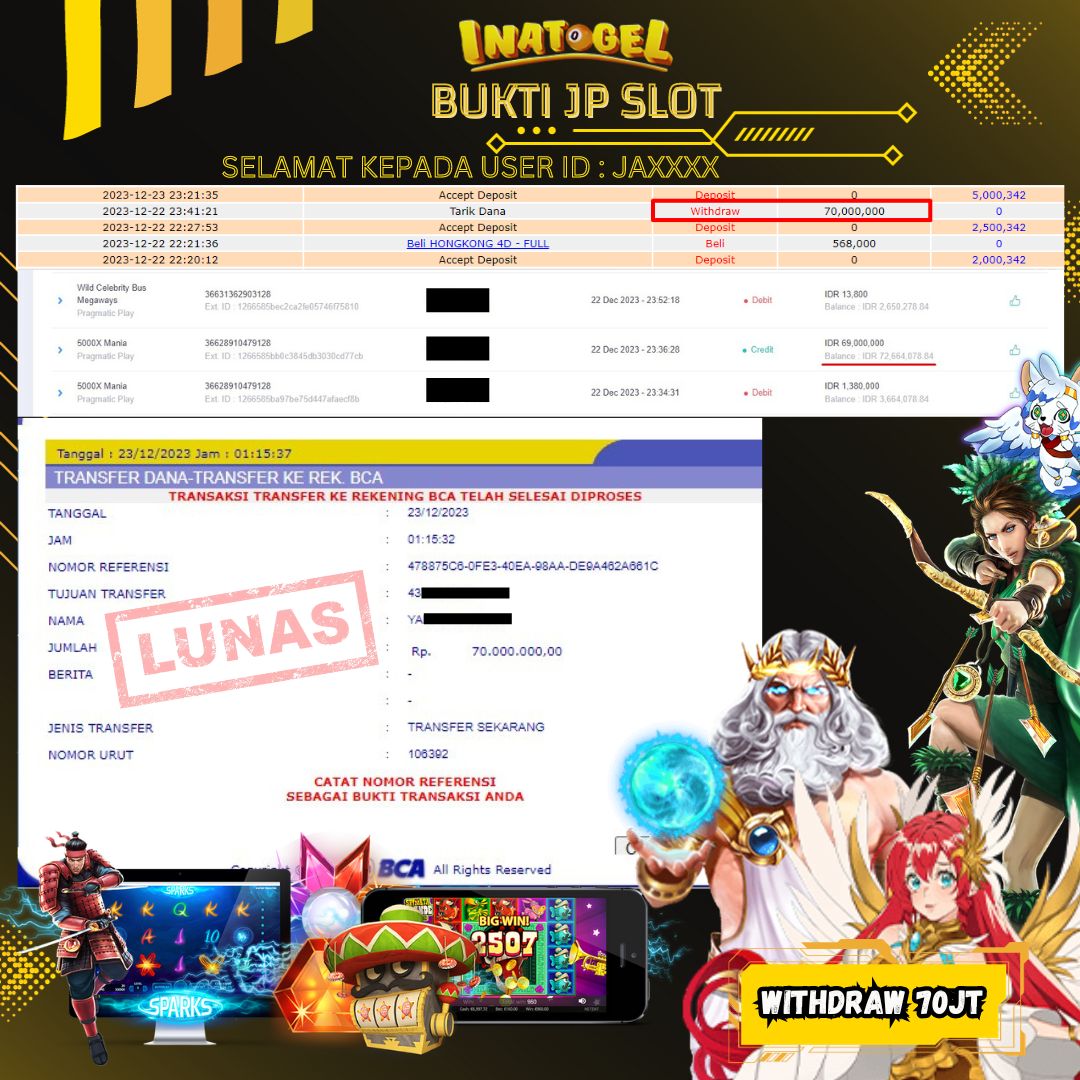 BUKTI PEMBAYARAN JP SLOT 5000X MANIA Rp70,000,000,- LUNAS