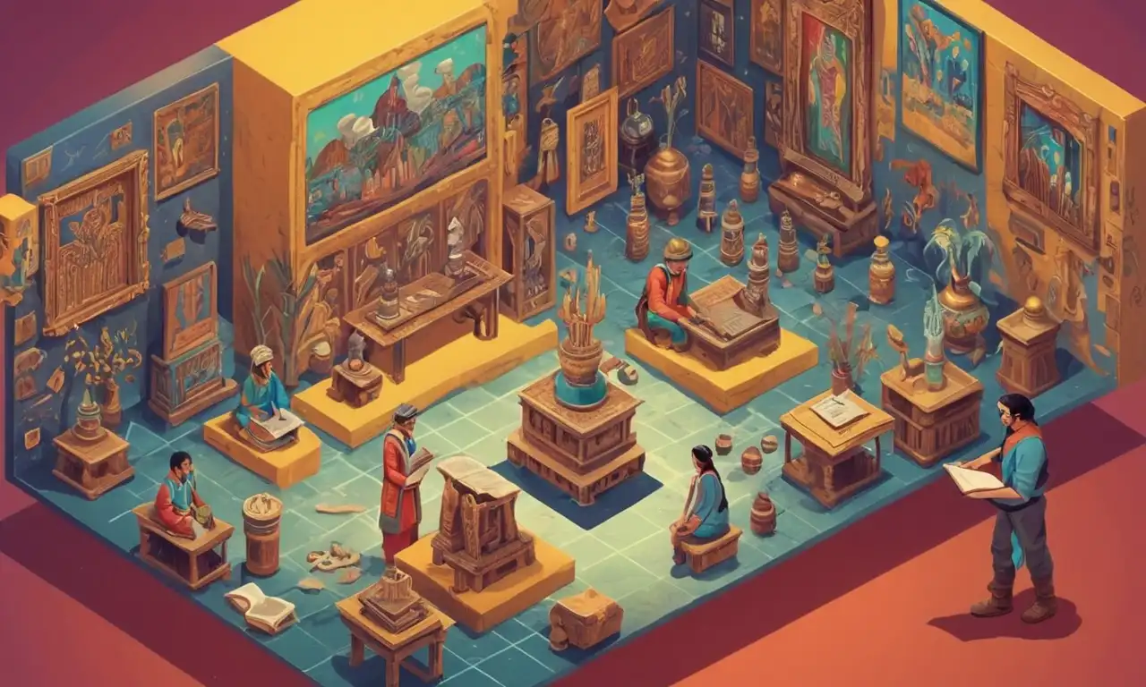 Antropólogo con un libro sobre arte y antropología, rodeado de artefactos culturales y expresiones artísticas.