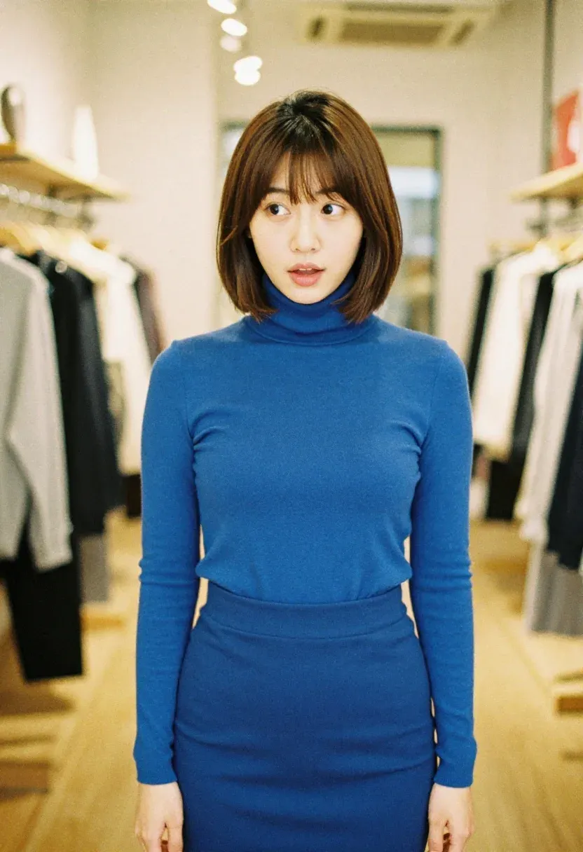 East Asian woman in a cobalt blue monochrome turtleneck and midi skirt set in a retail setting