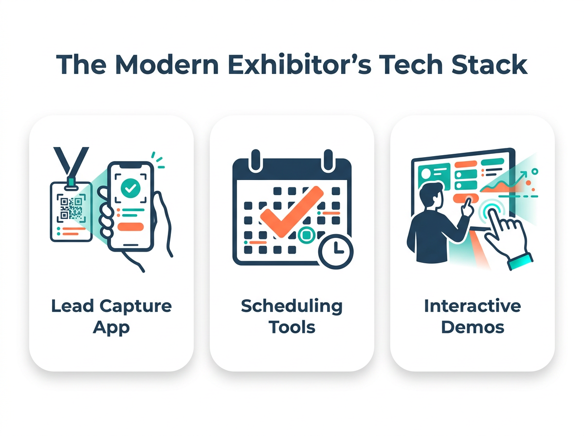 Diagram illustrating the modern exhibitor's tech stack, with icons for Lead Capture Apps, Scheduling Tools, and Interactive Demos.