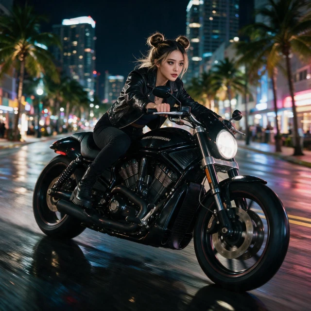 A girl with double buns hairstyle holding firm while riding and bold night makeup with smoky eyes and subtle glow, wearing a leather jacket, fitted top, tight pants, and heavy boots, driving a Harley-Davidson Night Rod through a vibrant city at night, full-body dynamic view, sleek aggressive motorcycle posture, confident attitude, neon city lights reflecting on wet asphalt, palm-lined streets and illuminated skyscrapers creating a Miami nightlife vibe, motion blur from speed, cinematic night lighting, high contrast, urban outlaw energy, ultra-realistic, high detail, professional nighttime motorcycle photography style