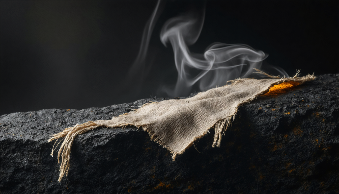 A frayed strip of coarse linen cloth on dark stone, backlit so its loose threads glow at the edges, thin smoke behind it.