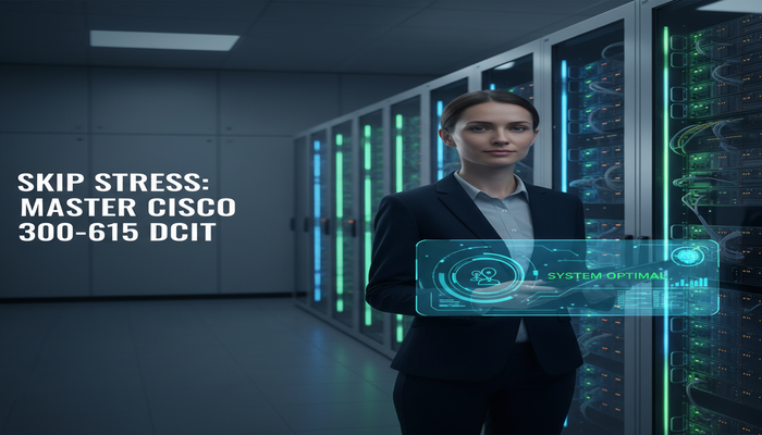A confident IT professional in a modern Cisco data center, viewing a clear digital interface with 'System Optimal' status, symbolizing mastery and stress-free preparation for the Cisco 300-615 DCIT troubleshooting exam.
