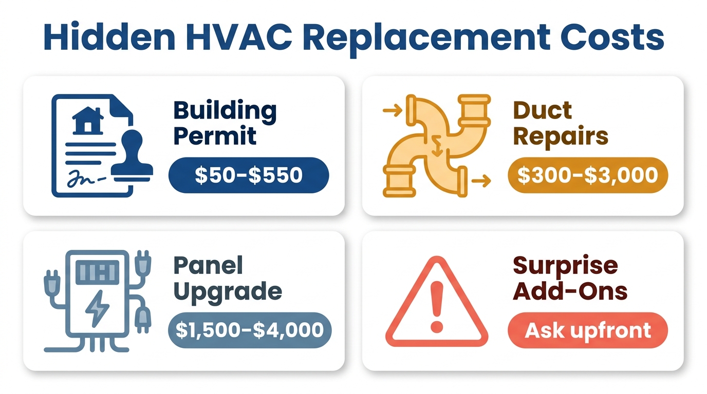 Four hidden HVAC replacement costs shown as icon callout cards with price ranges