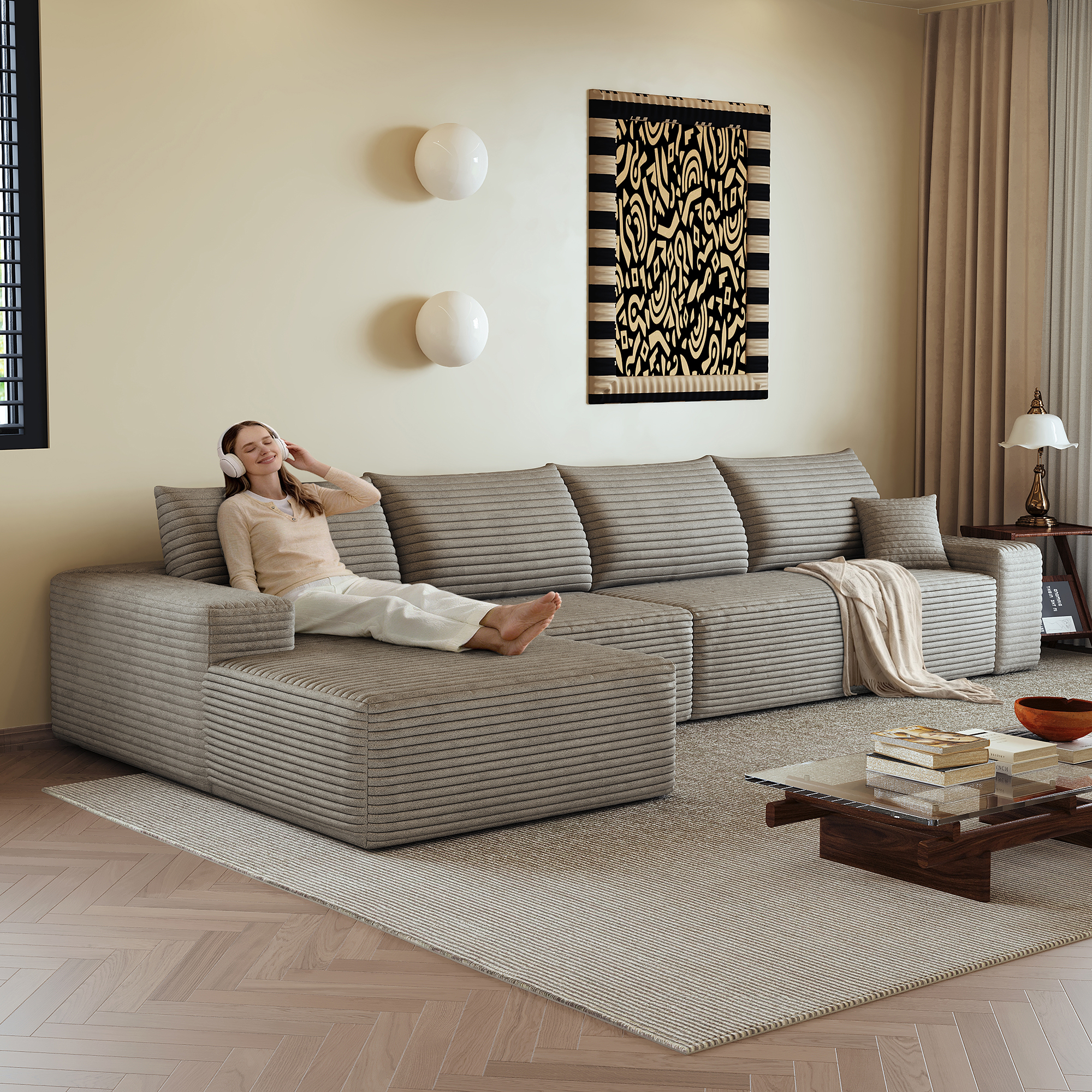 Canapé d'angle modulable camel en situation