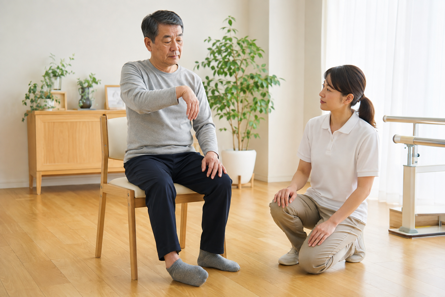 脳卒中後の手のつっぱりを療法士が姿勢と動作から確認する場面