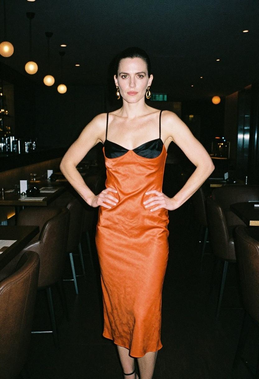 Tangerine orange satin midi skirt with a fitted black cami for an upscale evening venue