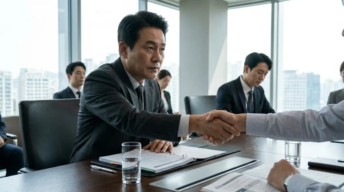 50대 한국인 남성이 전문적인 회의실에서 서류가 놓인 테이블 너머로 다른 사람과 진지하게 악수하는 모습