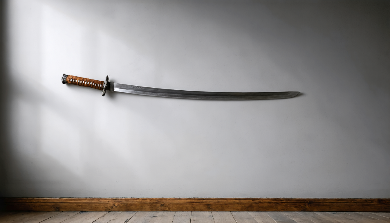 A plain wooden sword leaning against a bare wall in an empty dawn-lit room, its grip worn but ungripped.