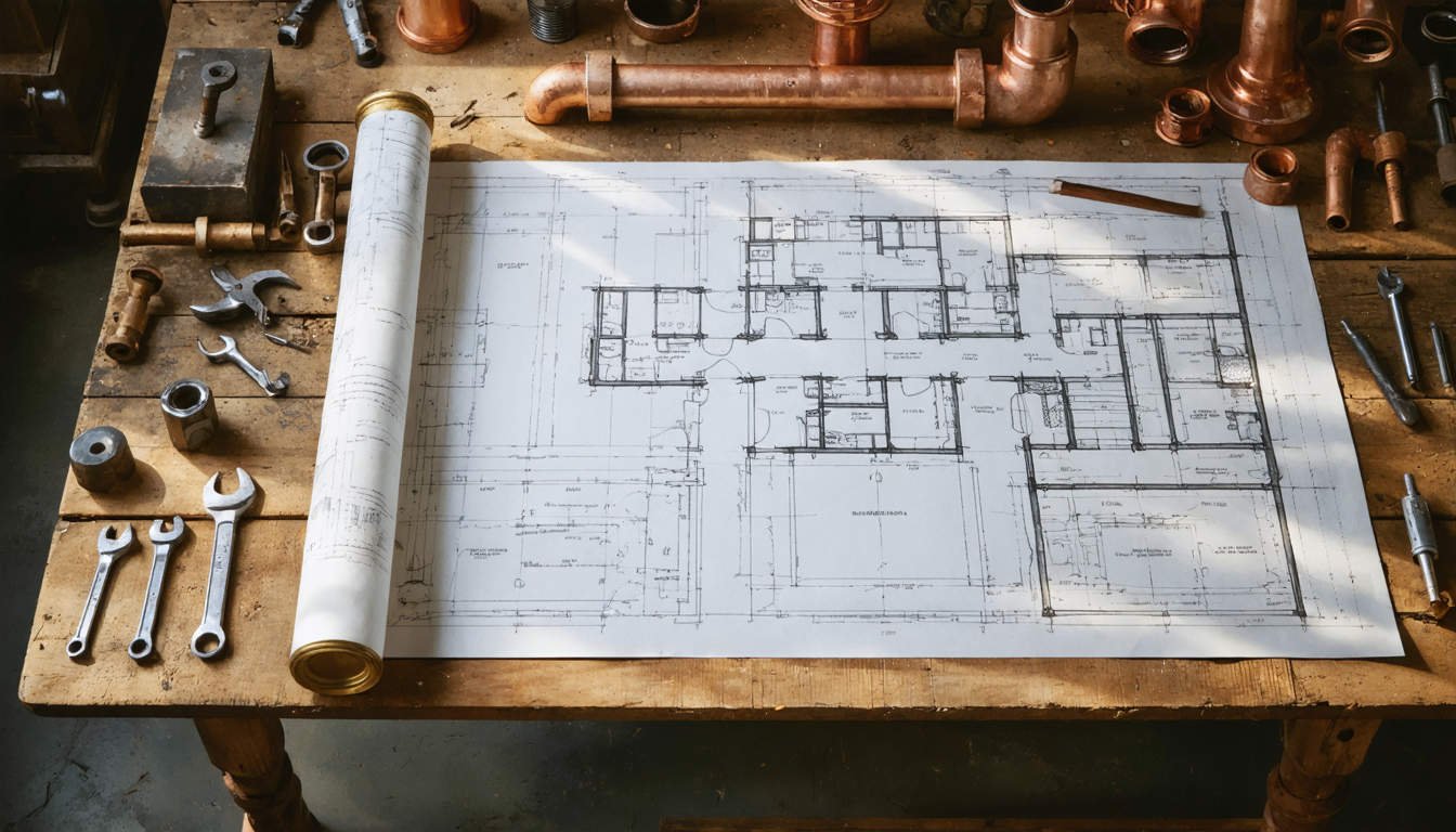 A drafting table in a workshop surrounded by plumbing tools, bathed in warm overhead light, suggesting the merging of trades and design.