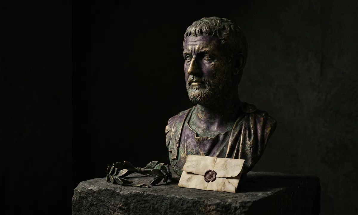 Busto romano em bronze com carta de perdão não enviada