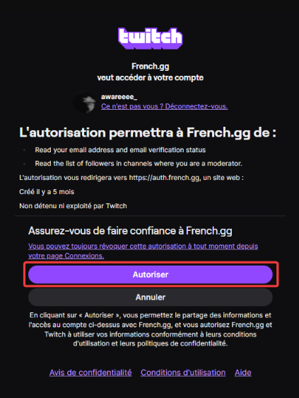 Autorise l'accès sur Twitch