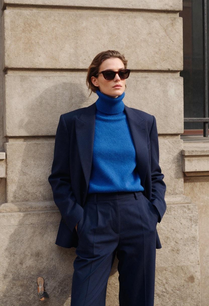 Cobalt blue turtleneck with camel blazer and wide-leg trousers for a spring power dressing look