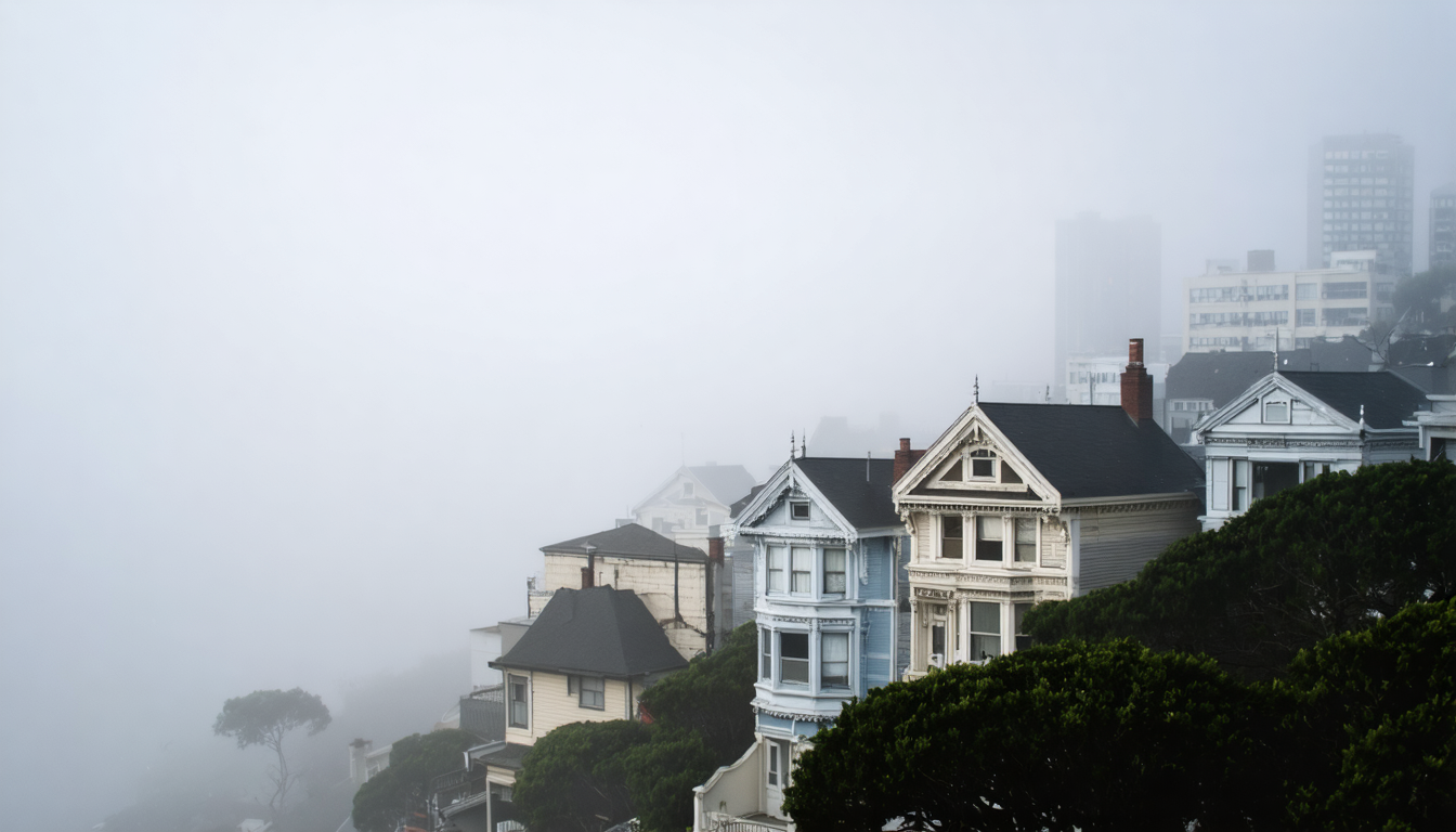 Dense fog obscuring a San Francisco hillside, with only the faintest suggestion of building outlines beneath