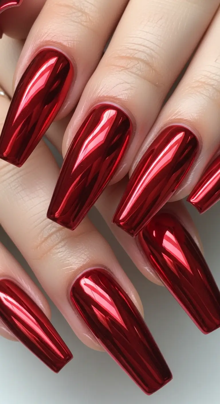 Glazed Red Chrome Coffin Nails