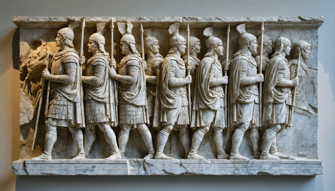 A weathered marble relief of an ancient military procession, partially eroded, lit by low raking light in a dim museum gallery.
